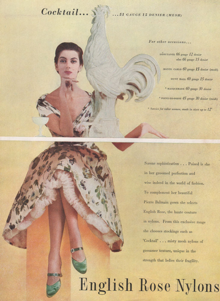 English Rose Nylons. Cocktail… 51 Gauge 15 Denier (Mesh). Fashion advert 1955